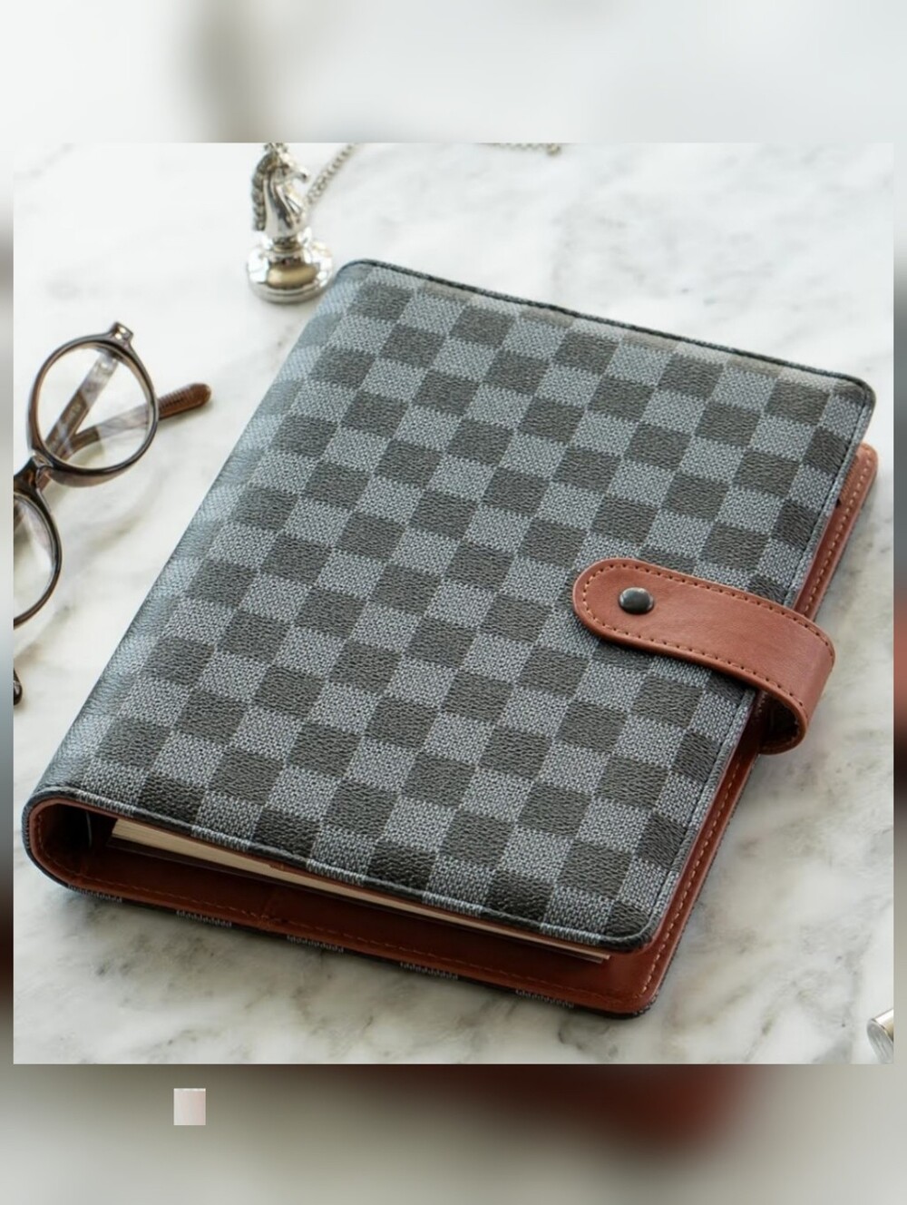 Gray And Black Checkered Planner with Brown Red | PU Leather Six Ring Cover